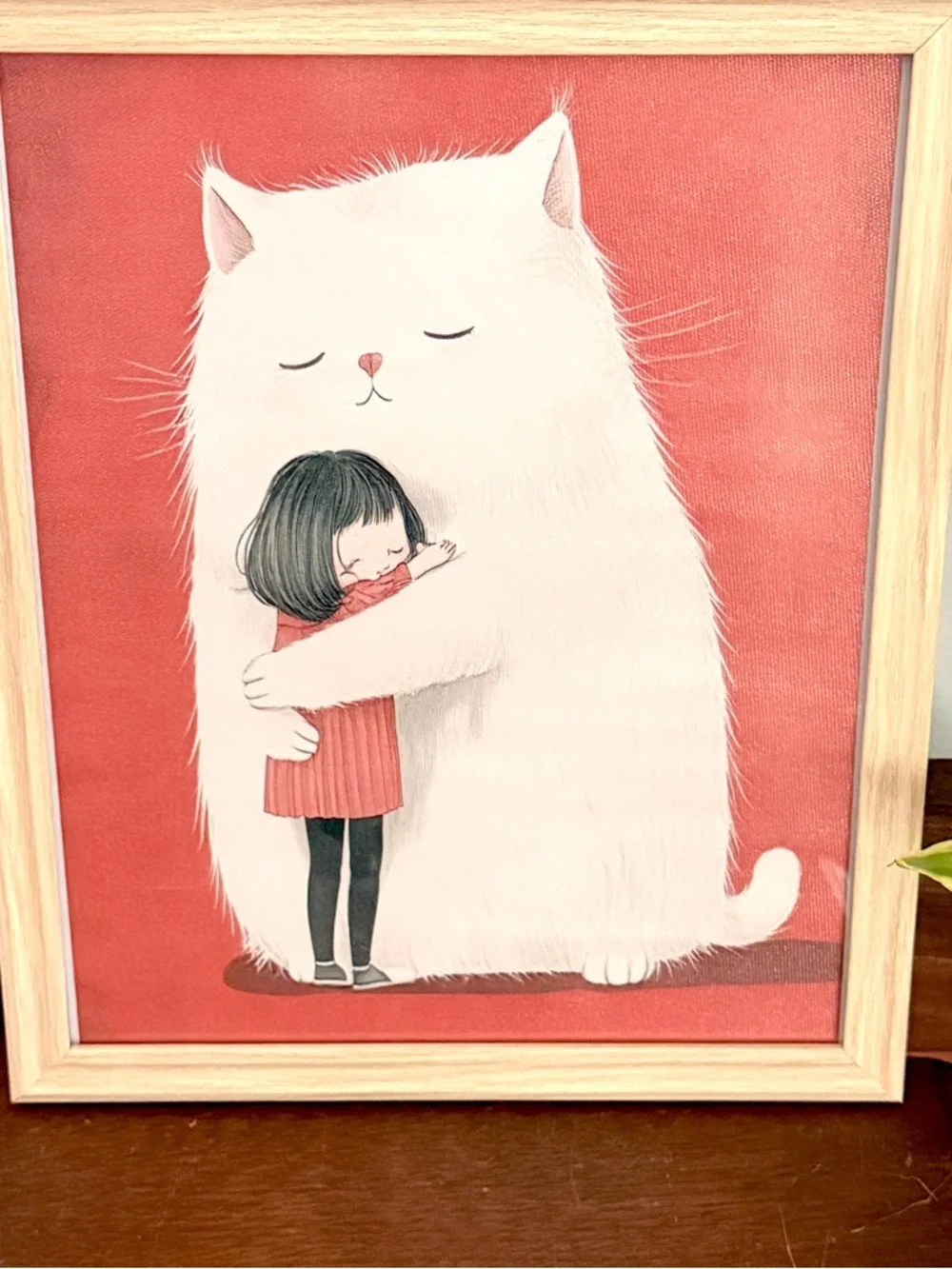 White Cat Hugging a Girl Red Background Canvas Art Print Framed Wall Hanging Art